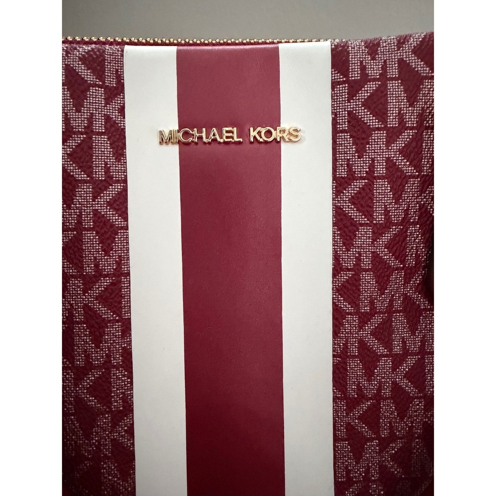 Michael Kors Burgundy Monogram Stripe Satchel Crossbody Bag and Wallet Wristlet - Picture 4 of 16